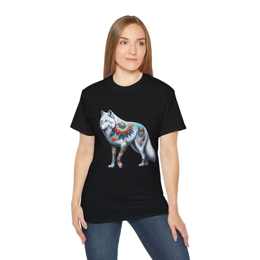 Wolf-2. White Wolf - Native American Theme / Unisex Graphic Tee Shirt